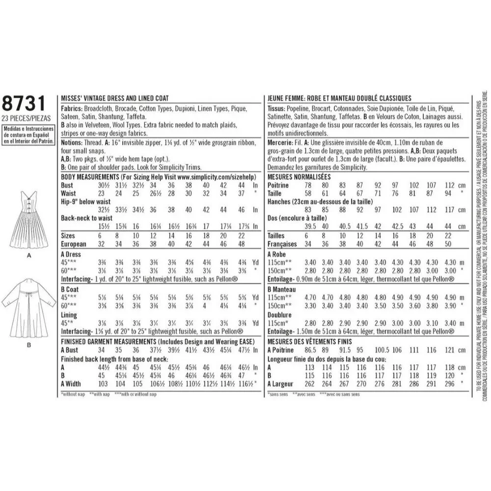 Simplicity‎ 8731 R10152 1950s Sewing Pattern Misses Dress Lined Coat Sizes 6-14